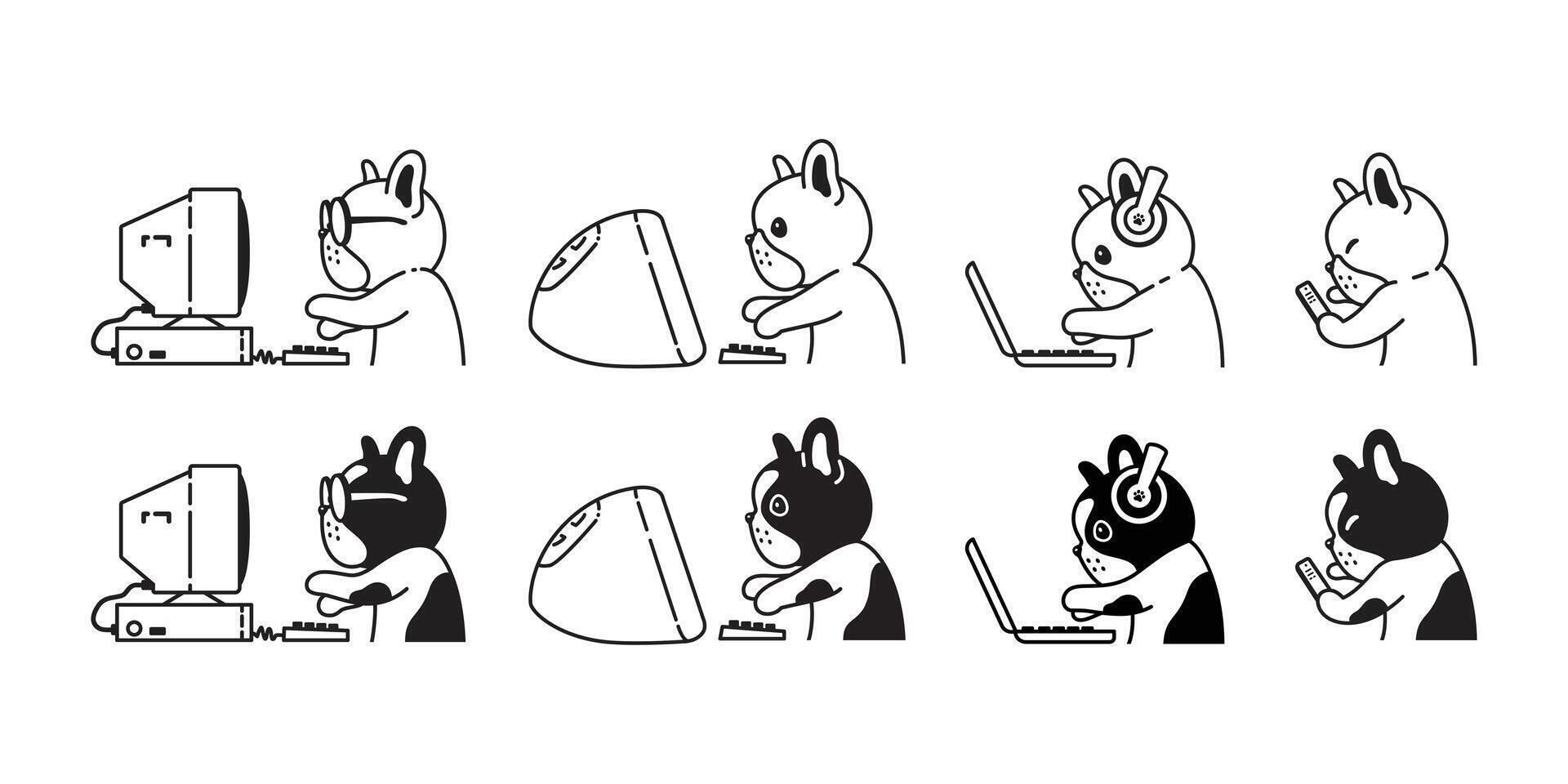 dog french bulldog working computer labtop smart phone icon cartoon character puppy pet doodle symbol illustration clip art isolated design vector