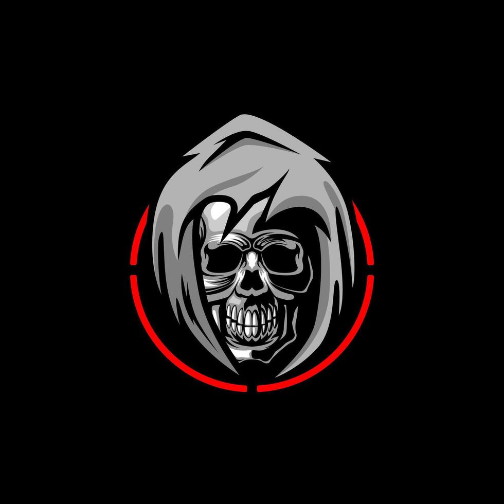 Grim Reaper Hooded Skull Silhouette, Black and white silhouette of a hooded grim reaper with a menacing skull face, vector