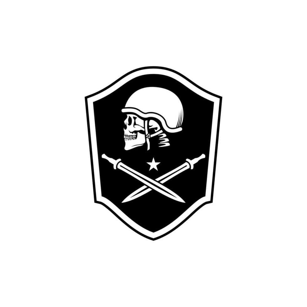 Badge Military Skull in shield Crossed Knife illustration black and white vector