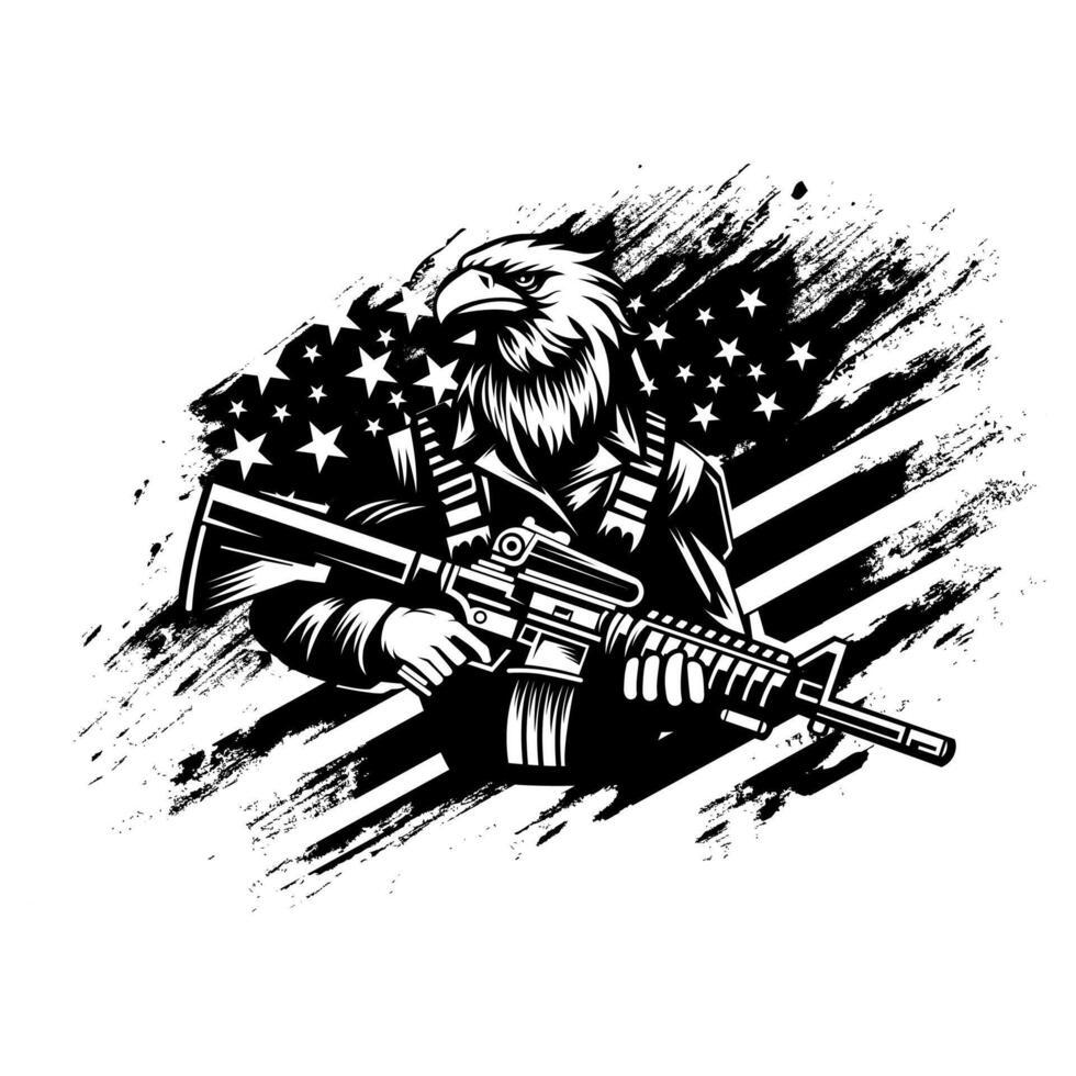 An eagle holding a rifle with an American flag in the background. black and white illustration vector