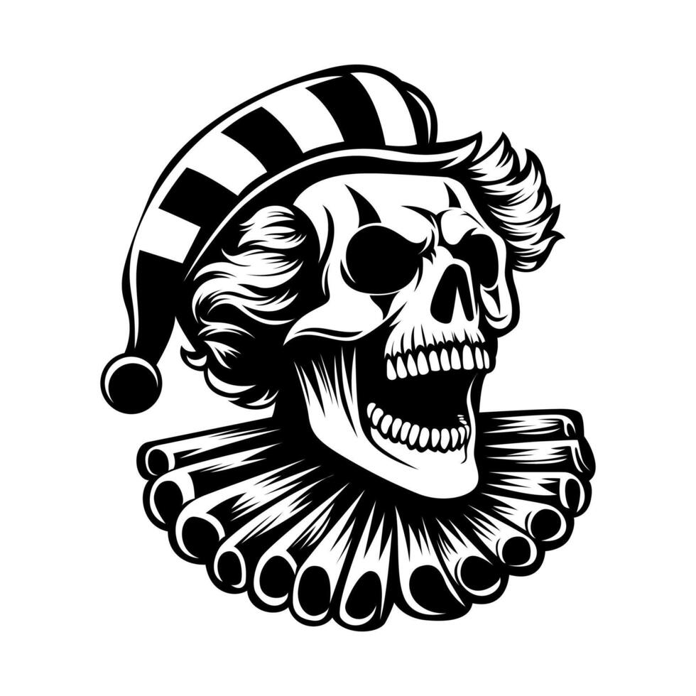 scary skull clown head silhouette illustration on white background. black and white illustration vector