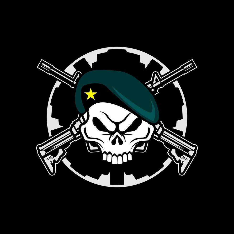 Skull wearing Beret illustration, Tactical Skull with Crossed Rifle. vector