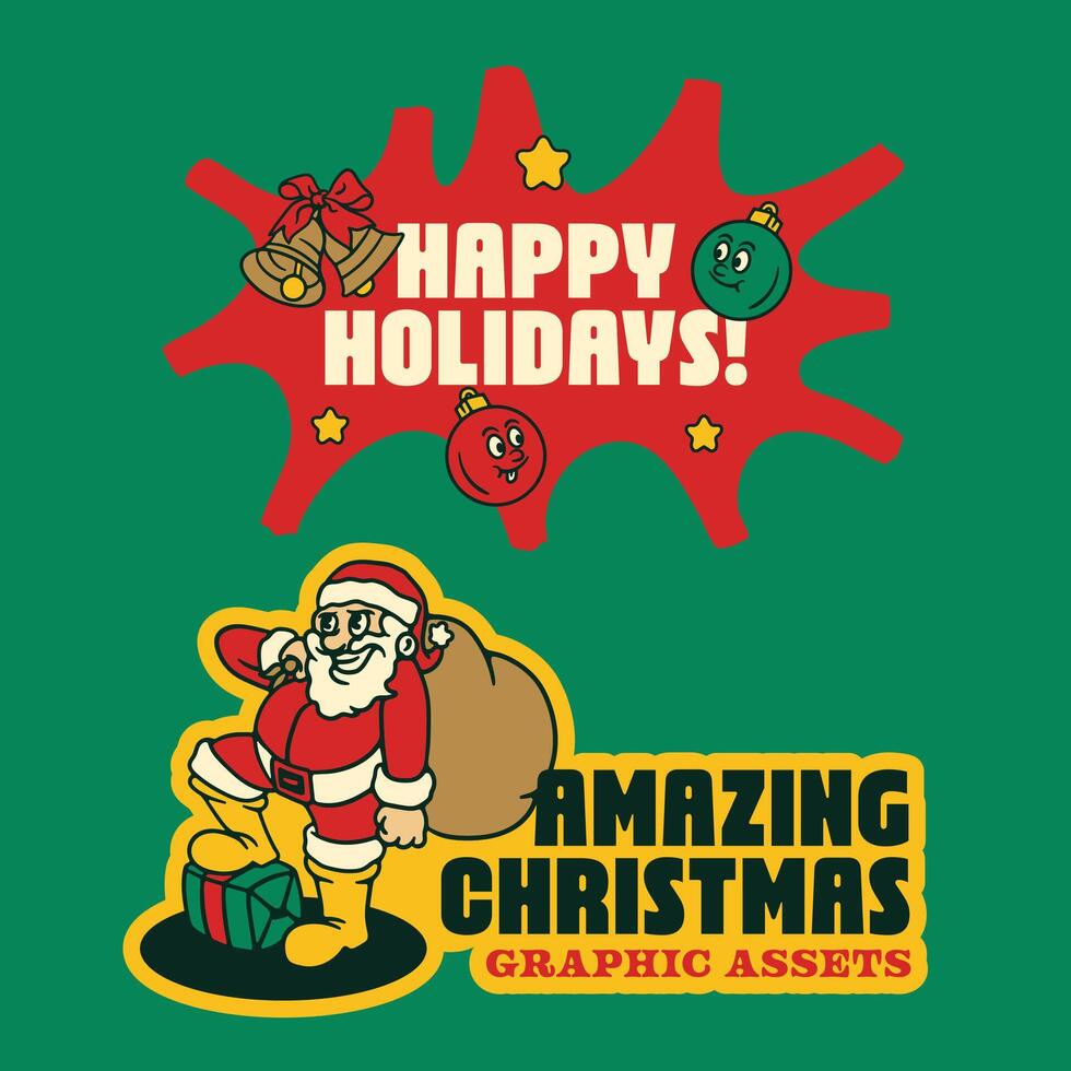 A green background with two sticker design happy holidays and santa clause vector