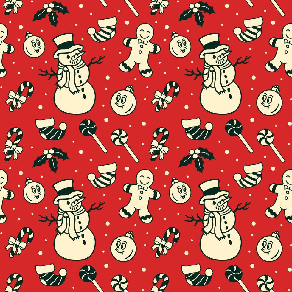 A christmas pattern with snowmen, candy canes and other items vector