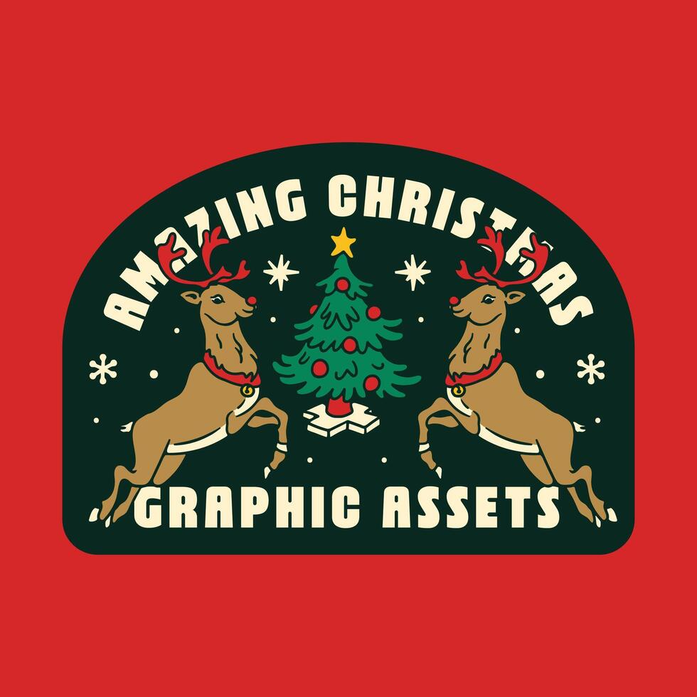 Badge Design With Two Jumping Red Nose Deer With Christmas Tree Full Decoration In The Middle vector