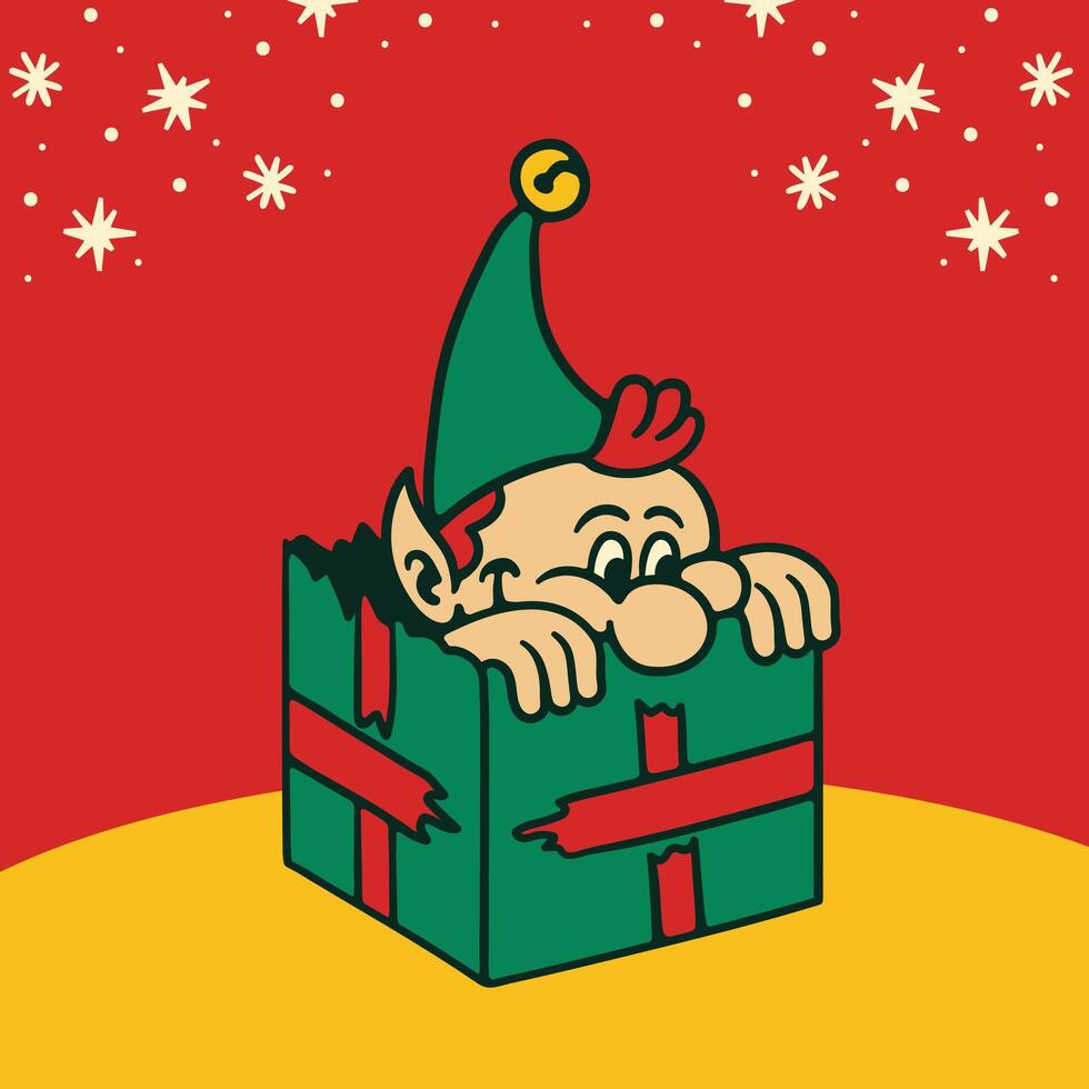 A cartoon elf is hiding inside a gift box vector