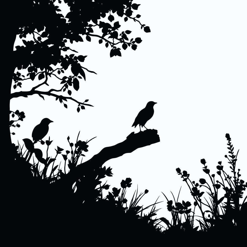 Silhouette of birds on tree branch in the forest vector