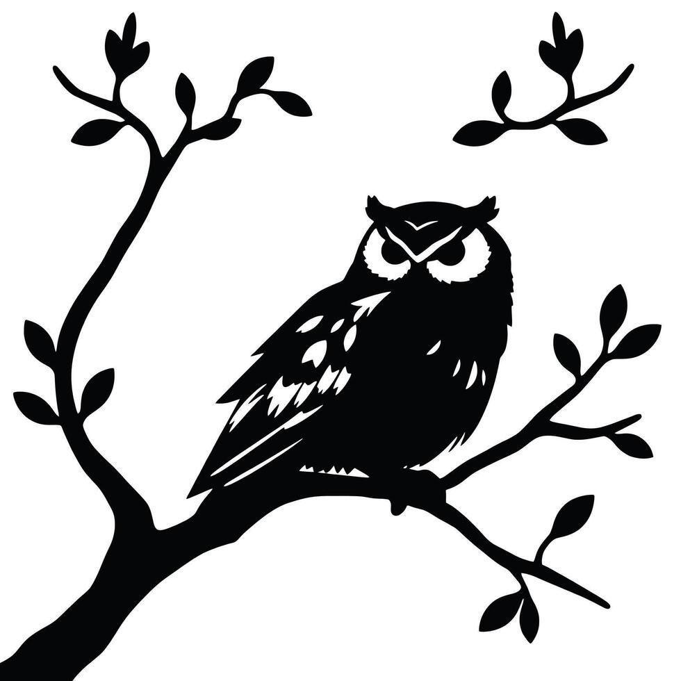 Owl on tree branch silhouette vector