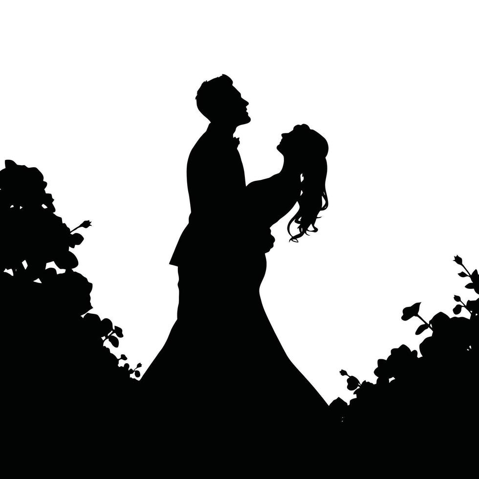 A silhouette of a bride and groom standing in front of a tree vector