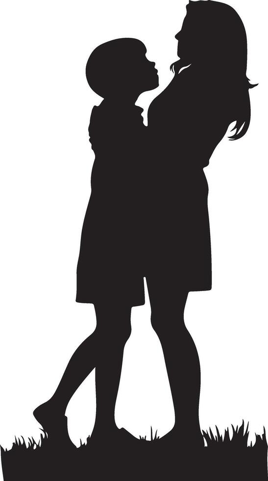 Silhouette of two children hugging in the grass vector