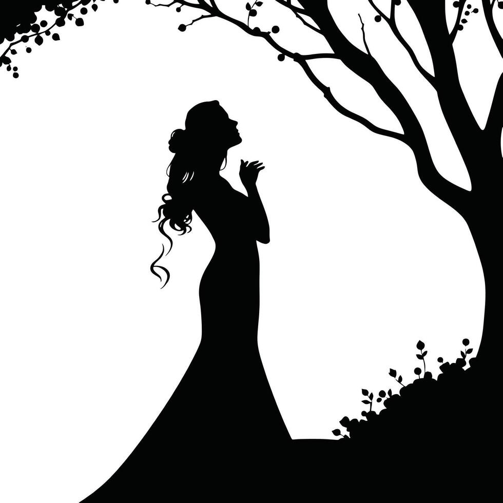 Silhouette of a woman in a dress standing under a tree vector