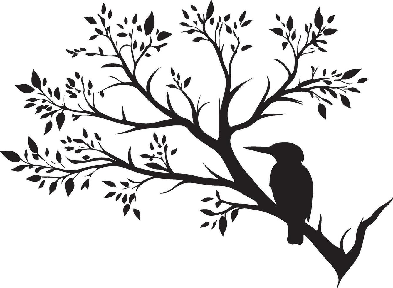 A black and white silhouette of a bird sitting on a tree branch vector