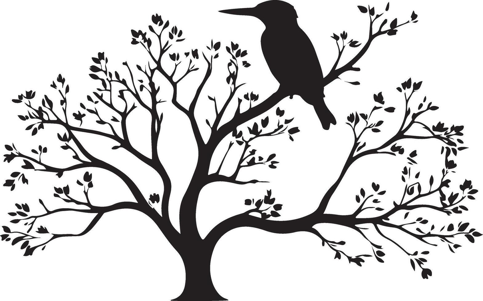 A black and white silhouette of a bird sitting on a tree vector