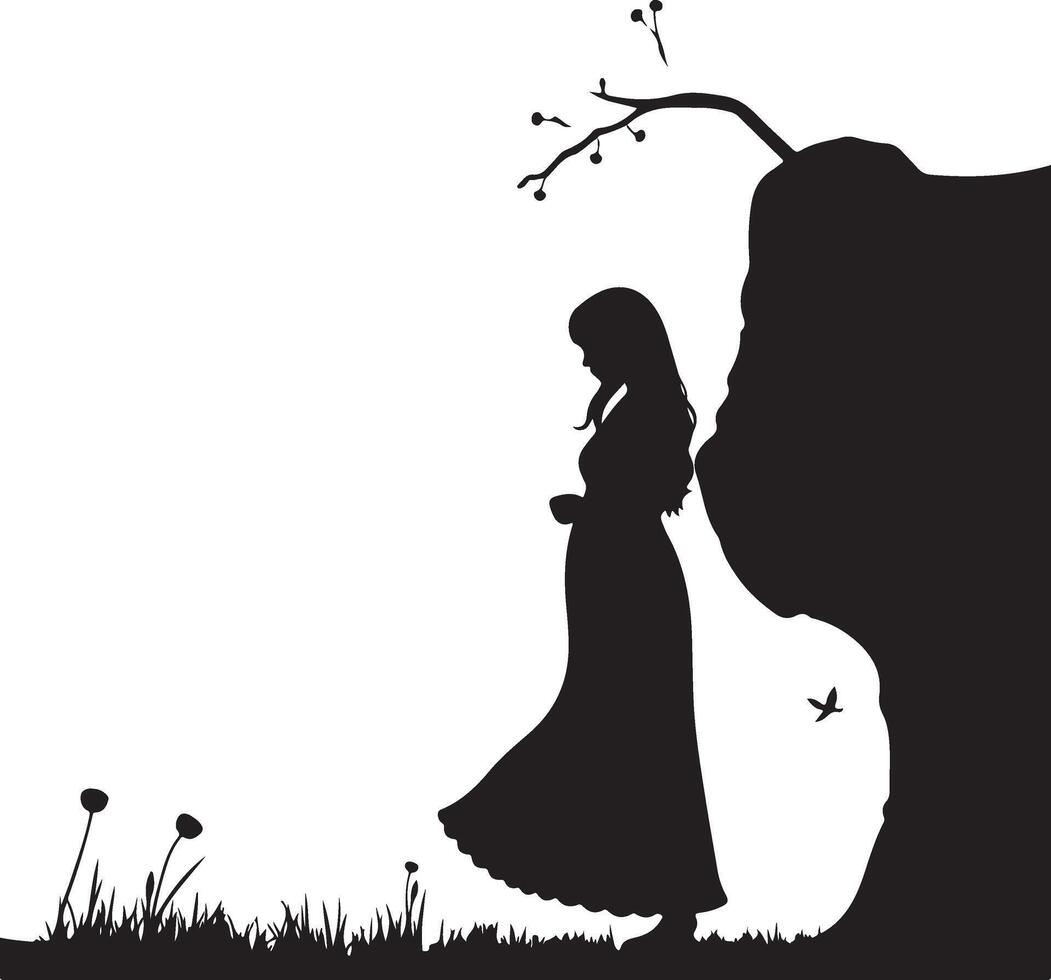 Silhouette of a woman in a dress standing near a tree vector