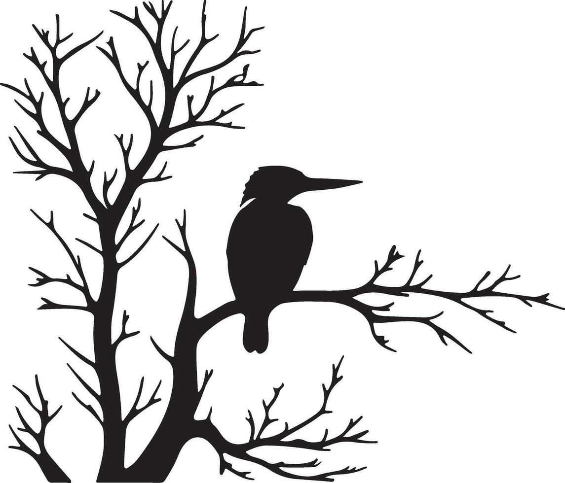 A black and white silhouette of a bird sitting on a tree branch vector