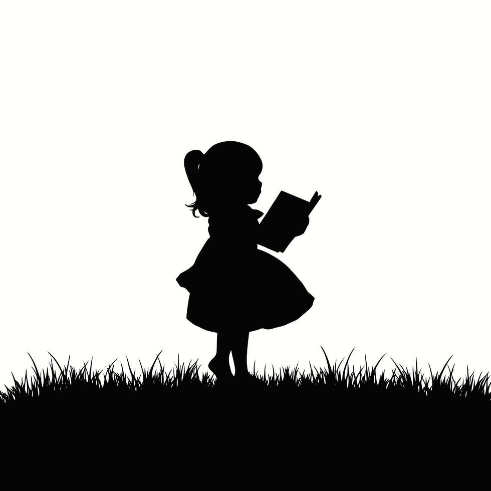 Silhouette of a little girl reading a book vector