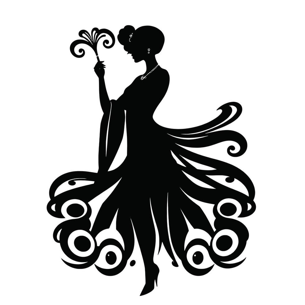 Silhouette of a woman in a dress holding a flower vector
