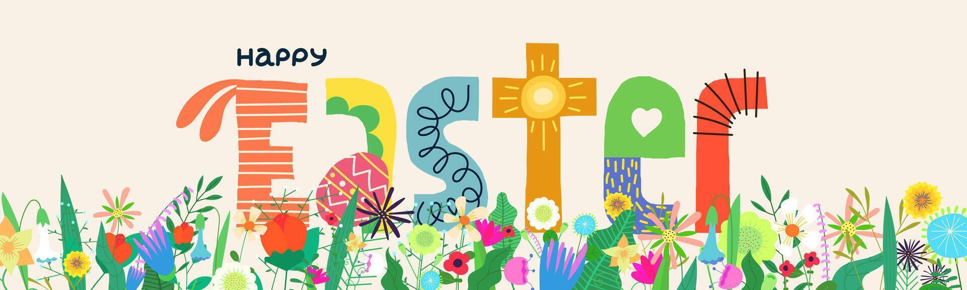 Happy Easter holiday party horizontal banner. Traditional spring Christian religious Passover celebration promo greeting card. Bright floral and creative lettering print. Colorful Paschal design vector