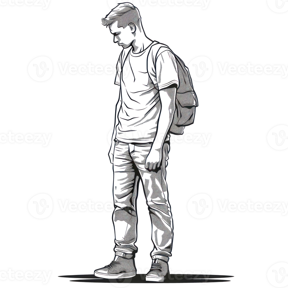 A young man in casual clothing stands with a backpack on his shoulders, looking down. png