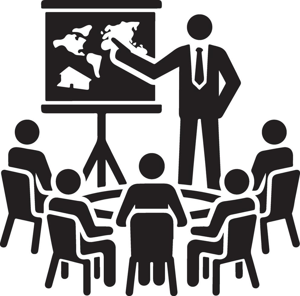 Silhouette of figures with maps meeting. vector