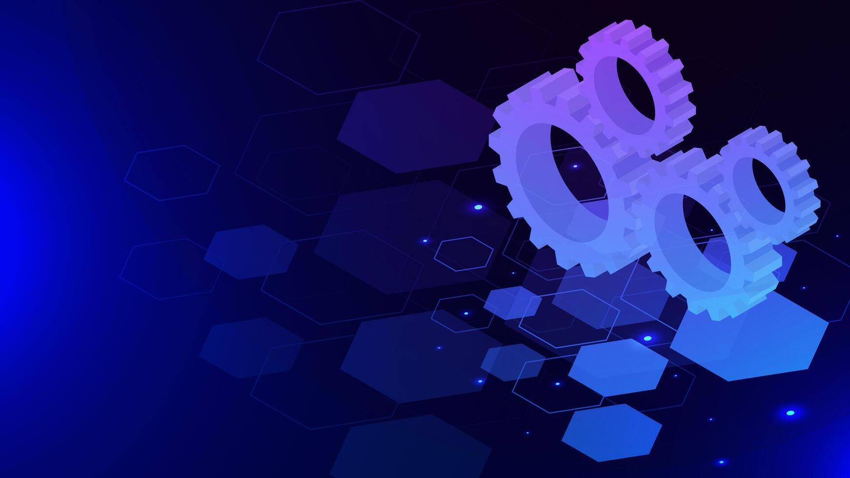 Gear and cogs wheel isometric on hexagons and glowing particles background. Mechanism, idea and digital technology concept vector
