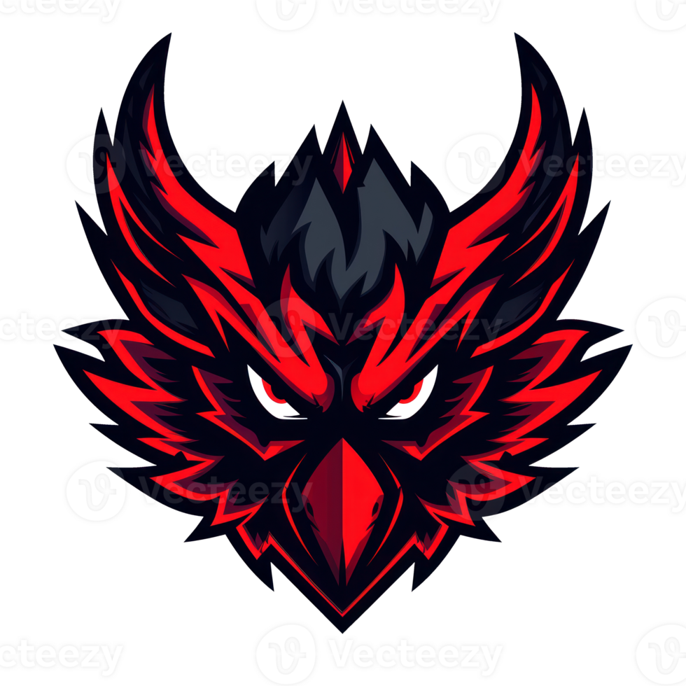 Red and black bird head logo with sharp, fierce eyes and beak. png