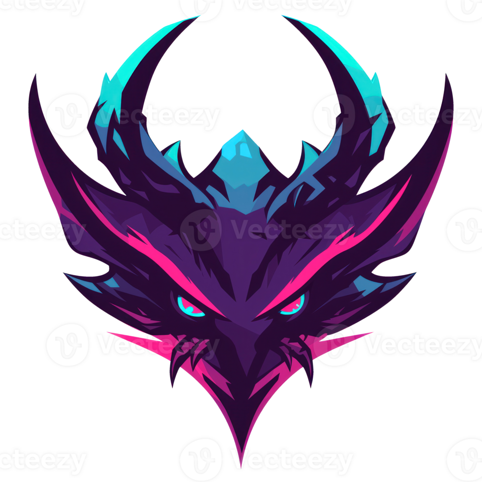 Abstract purple and blue bird head with glowing eyes. png