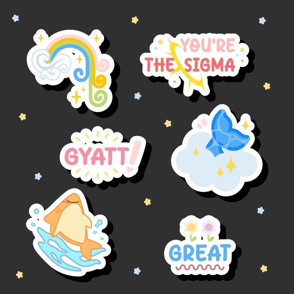 cute pastel rainbow, shark and motivation word sticker design vector
