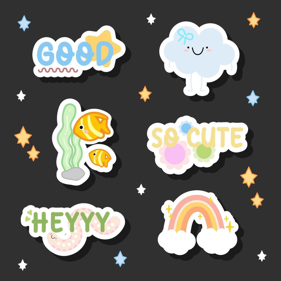 a pack of aesthetic cloud, rainbow and 2024 slang word sticker design vector