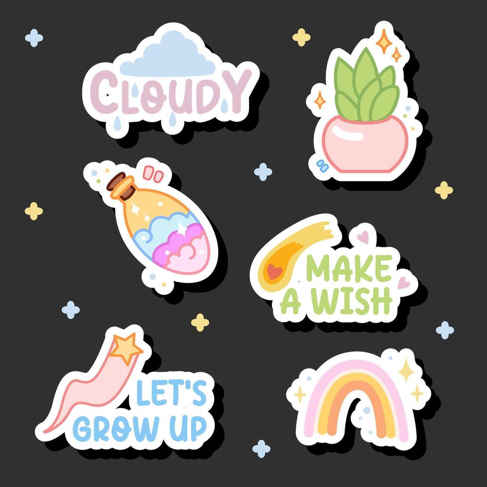 a pack of cool magic, plant and motivation word sticker design vector