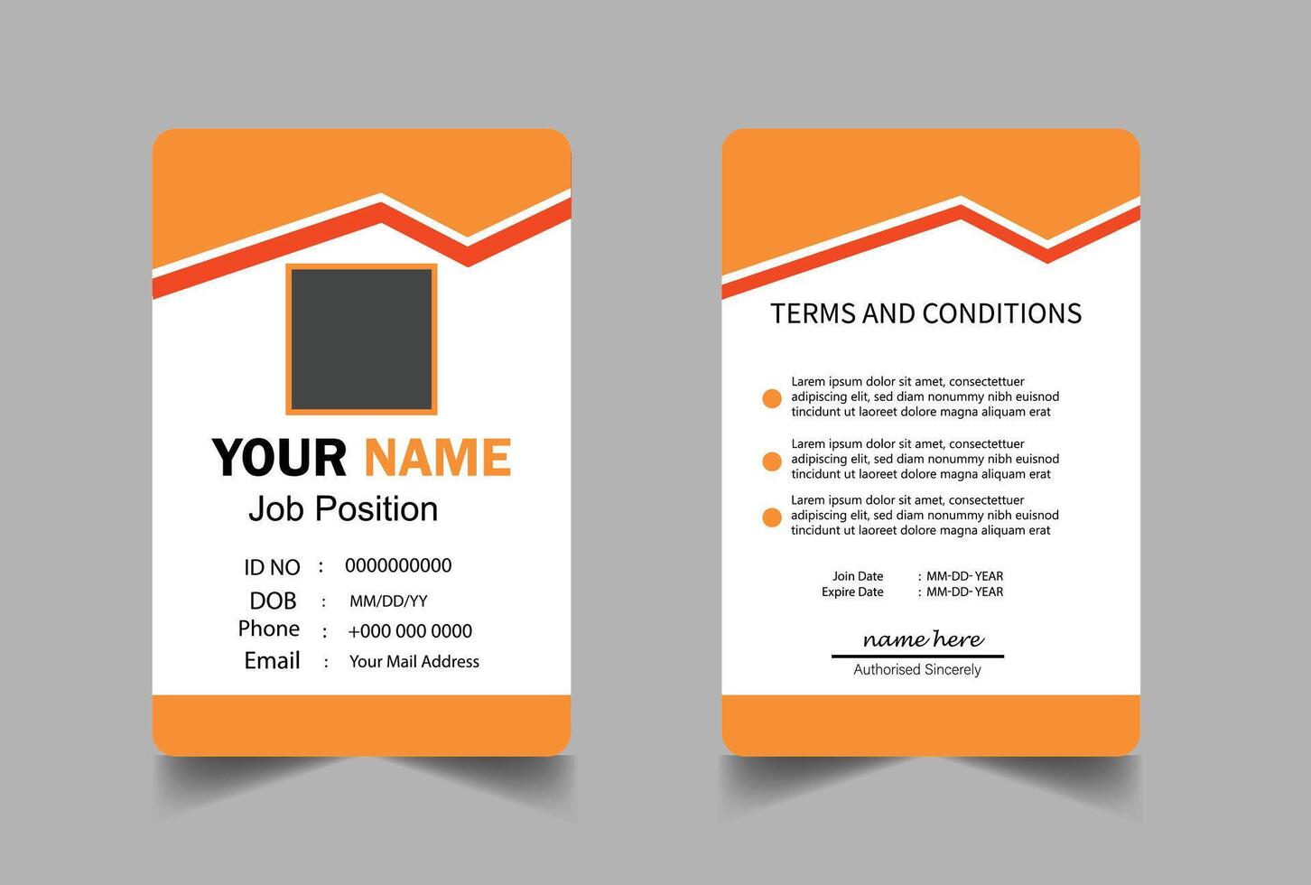Modern ID Card Template with an author photo place. Office Id Card Layout Two Sided. Employee Id Card for Your Business or Company. Orange and white Background Design vector