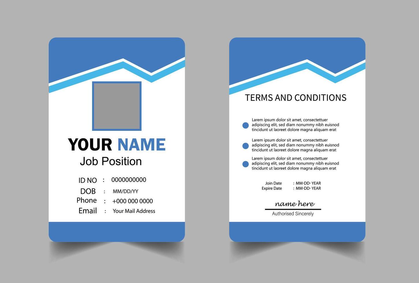 Modern blue ID card design template. Employee identity card design. vector