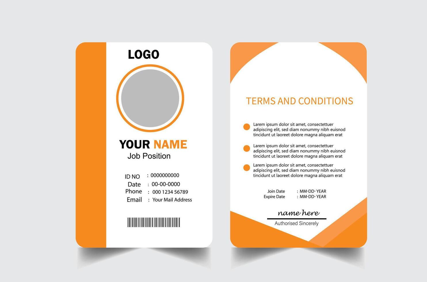 Modern ID Card Template with an author photo place. Office Id Card Layout Two Sided. Employee Id Card for Your Business or Company. Orange and white Background Design vector