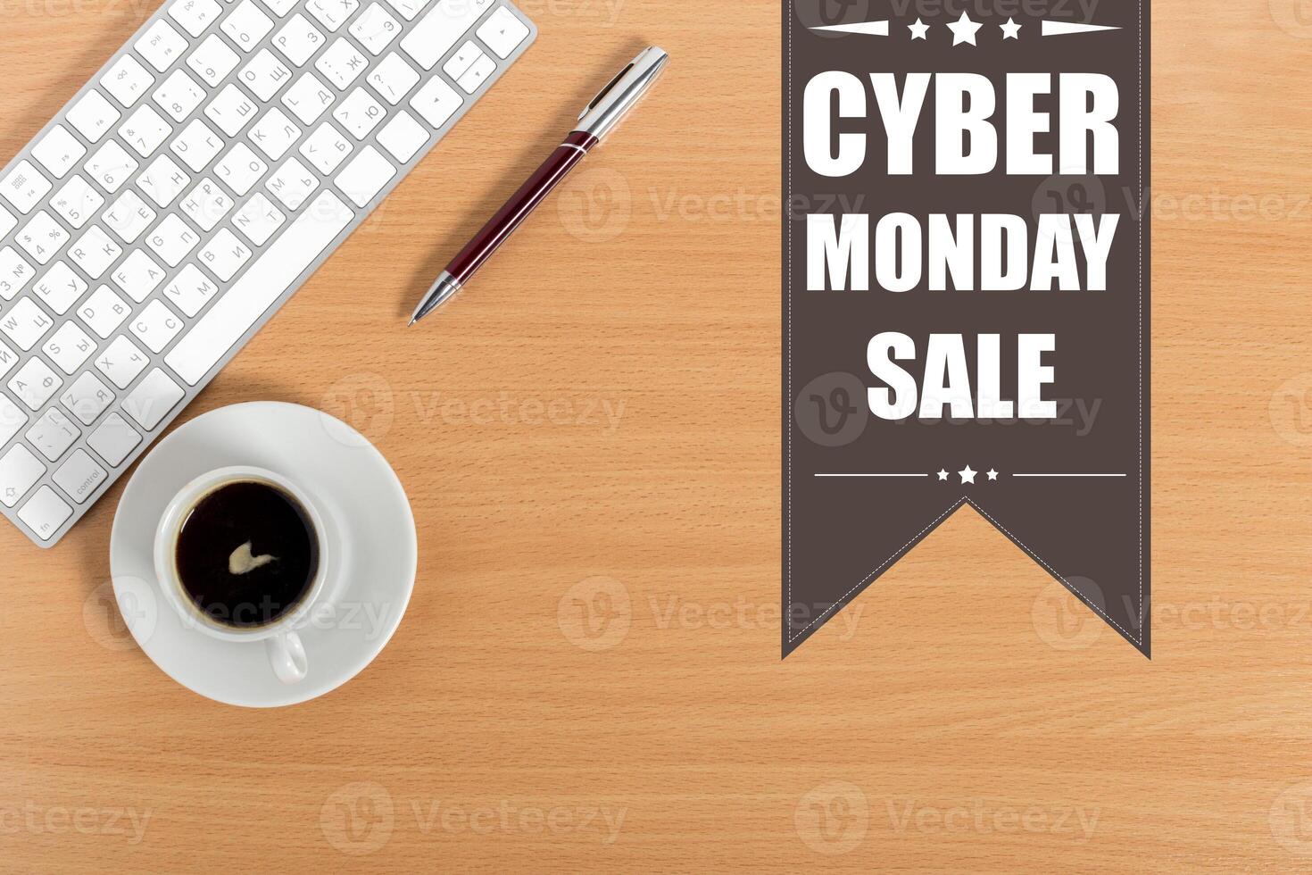 working place at wooden desktop with coffee photo