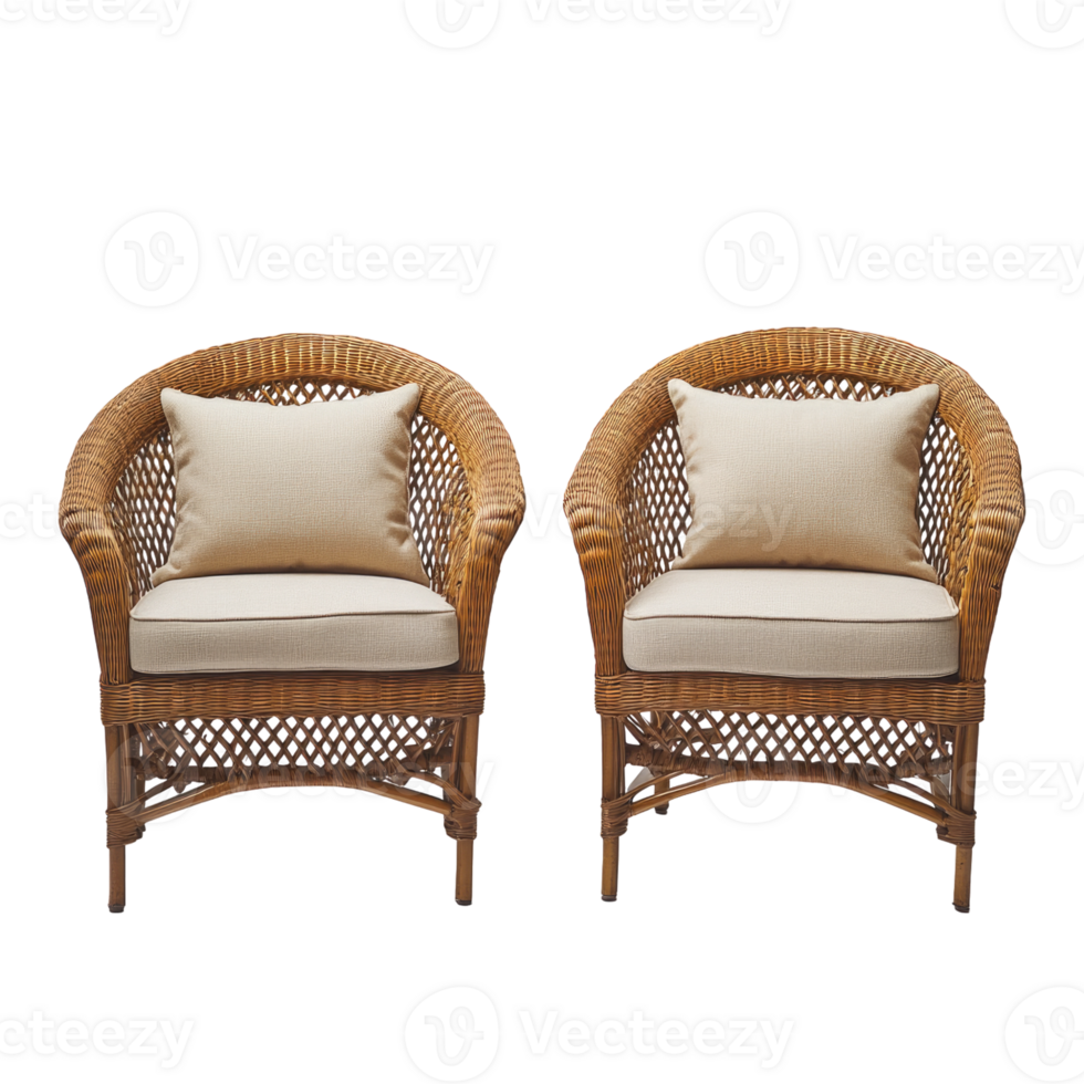 A set of two rattan armchairs with white cushions, on the left and right sides of an isolated background. png