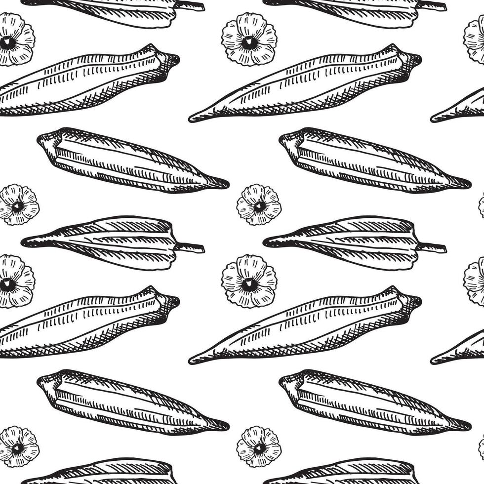 Engraved seamless pattern with Okra root vegetable plant. Repeating background with fruits, flower of Gumbo vegetable, edible Abelmoschus. Food, Indian Pakistani cuisine. For wrapping, logo vector