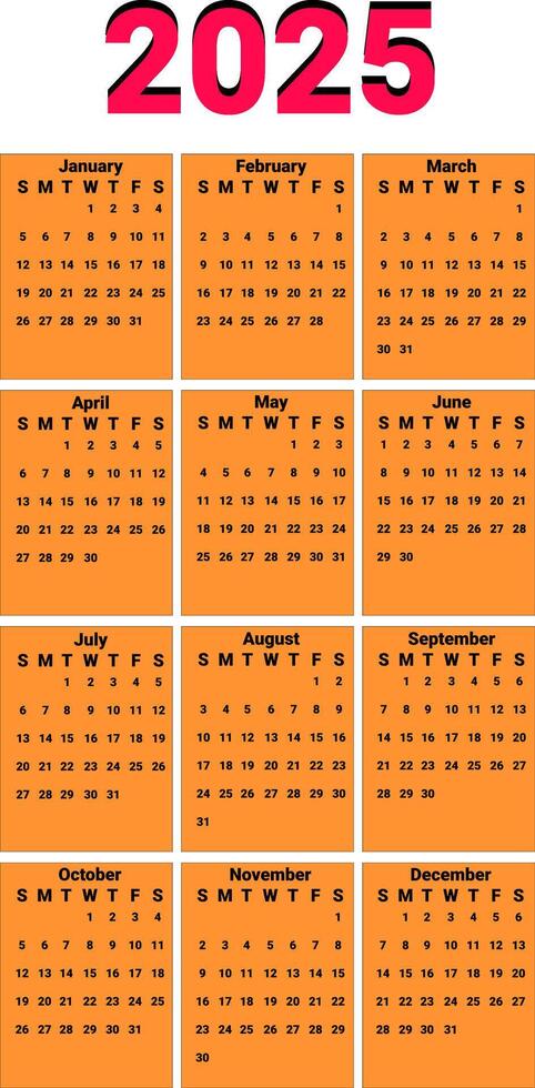 Calendar 2025 with orange background to each month vector