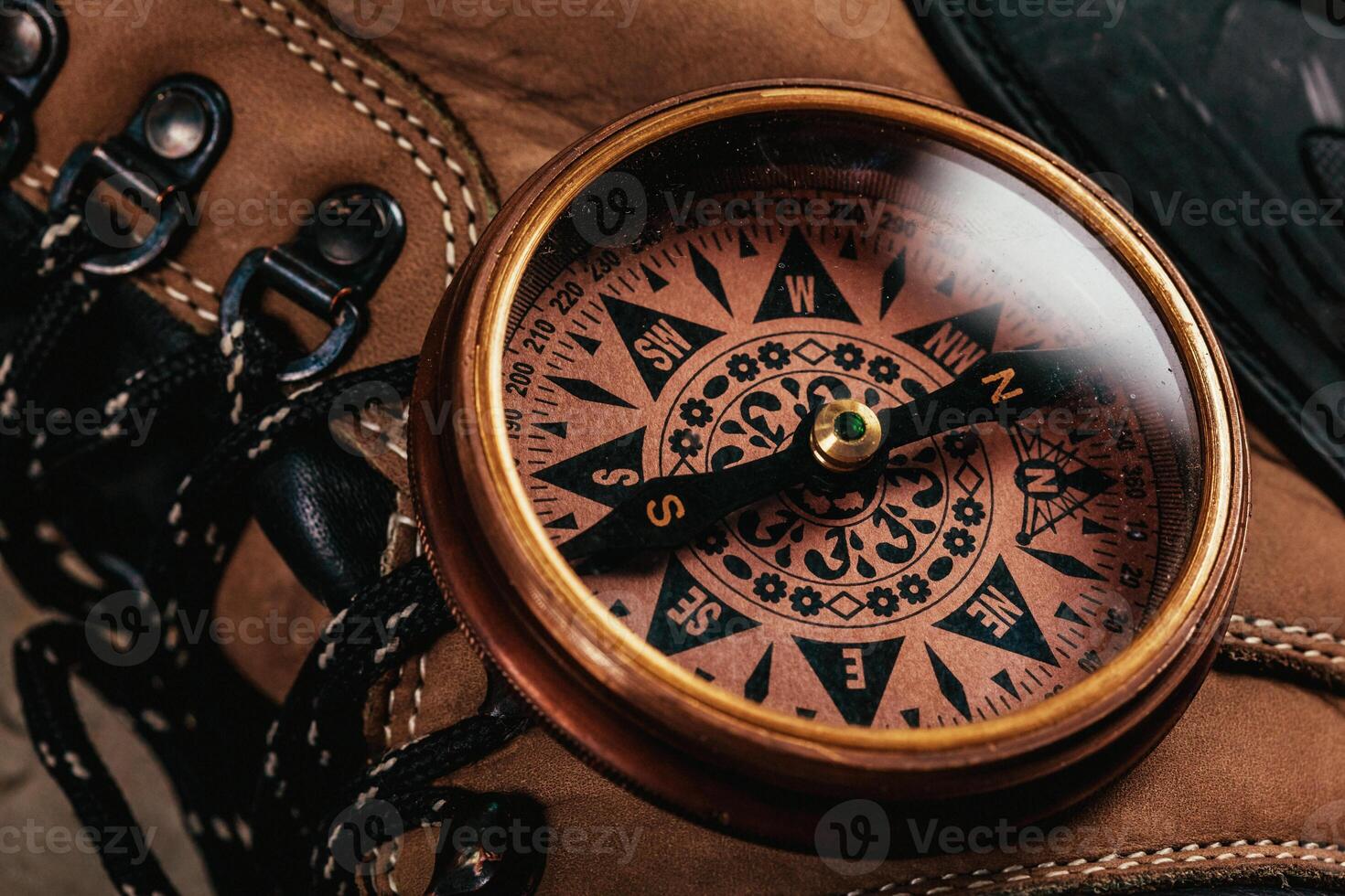 old-fashioned compass on rustic wooden table photo