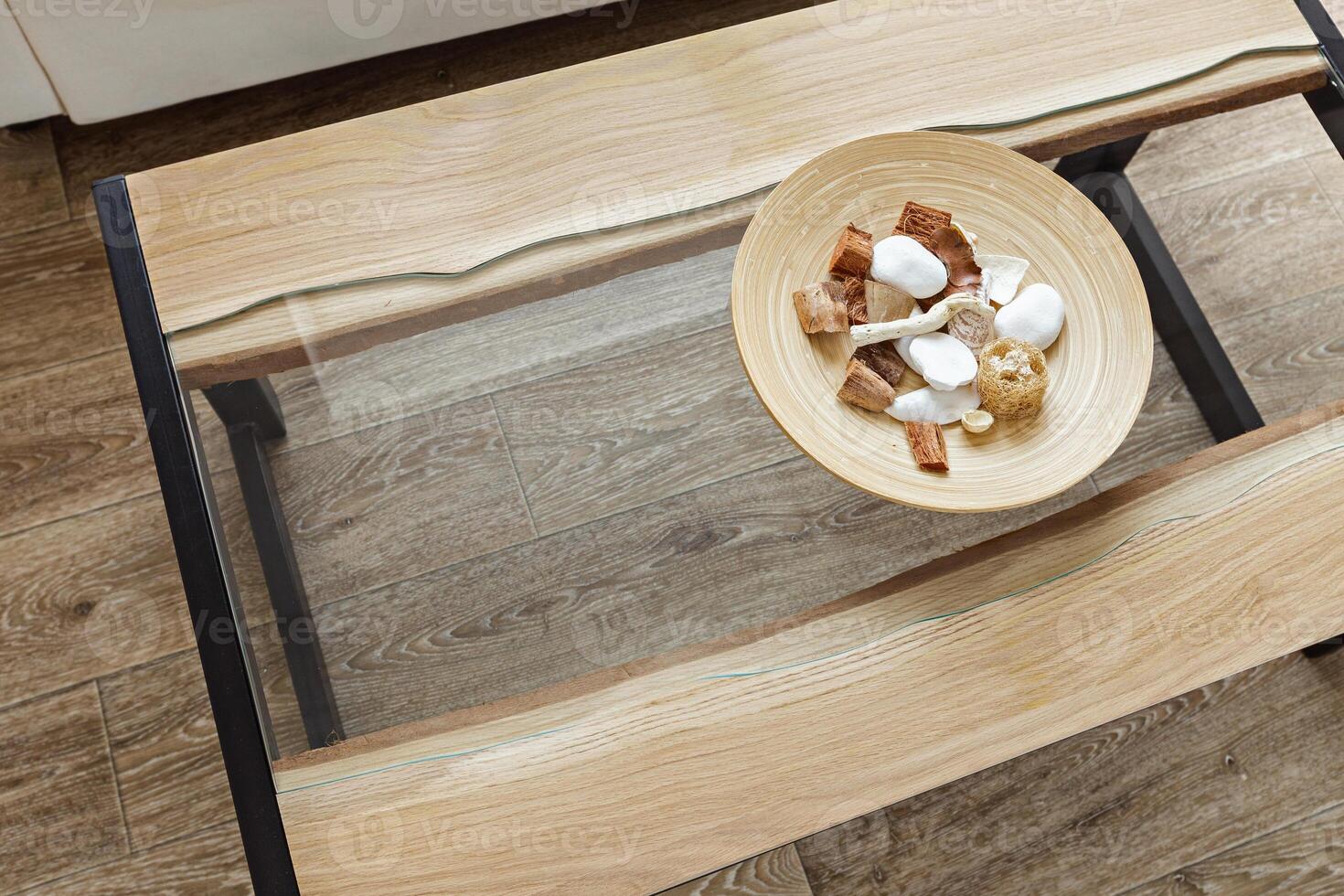 modern wooden table in the loft interior photo