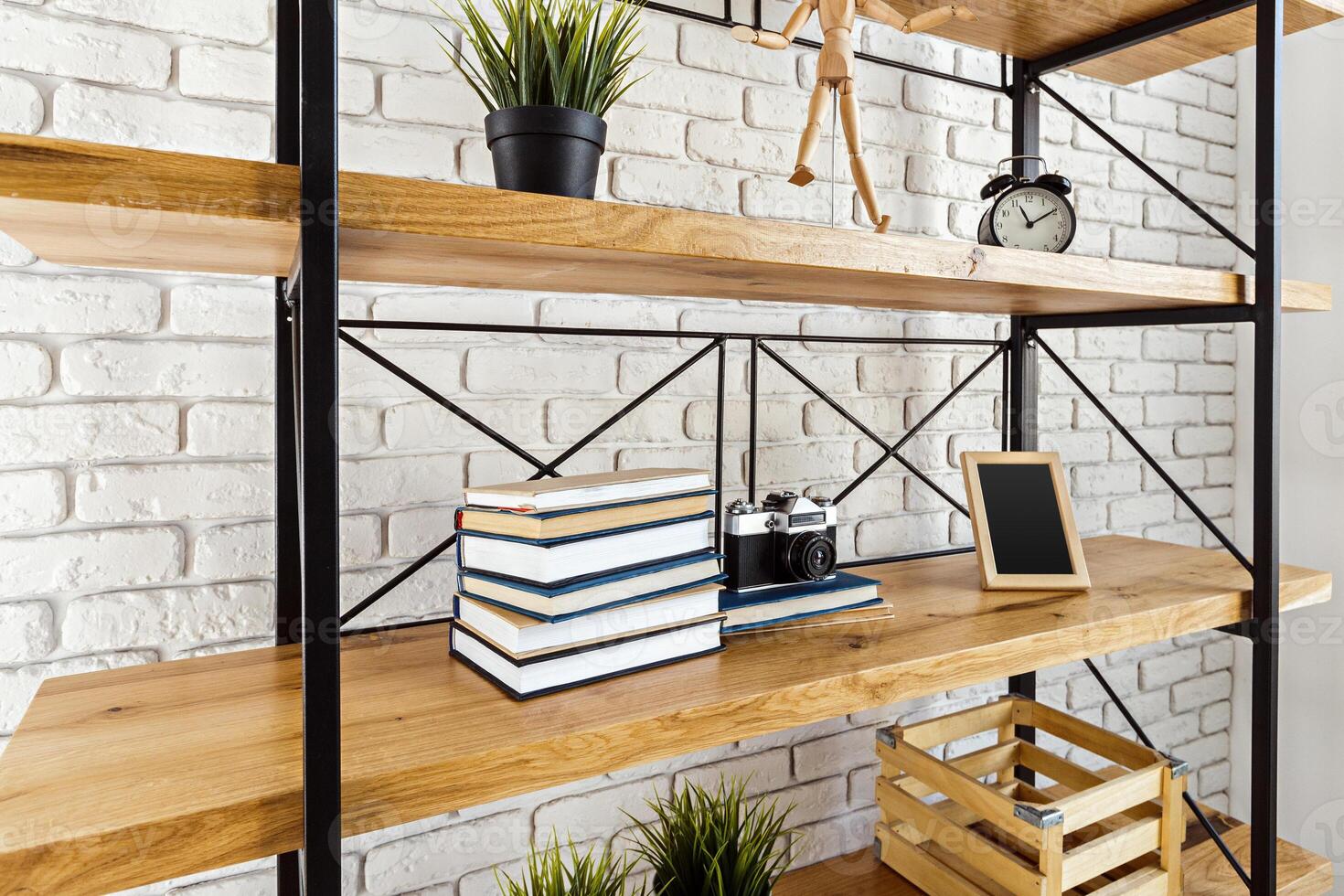 modern wooden rack in the loft interior photo