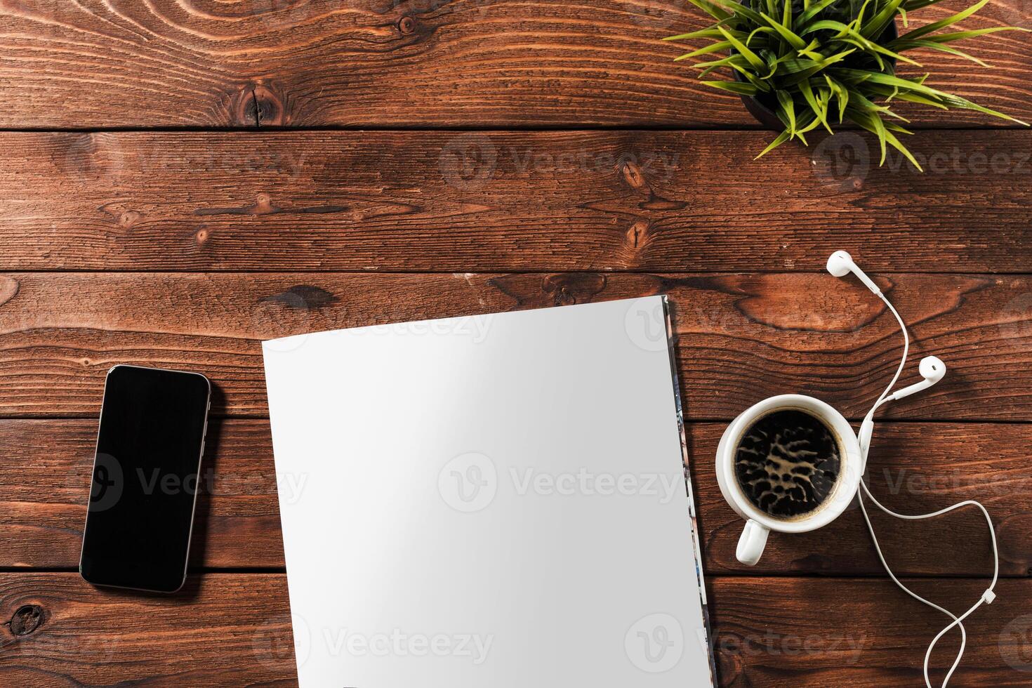 Blank open book, brochure or magazine on vintage wooden table background photo