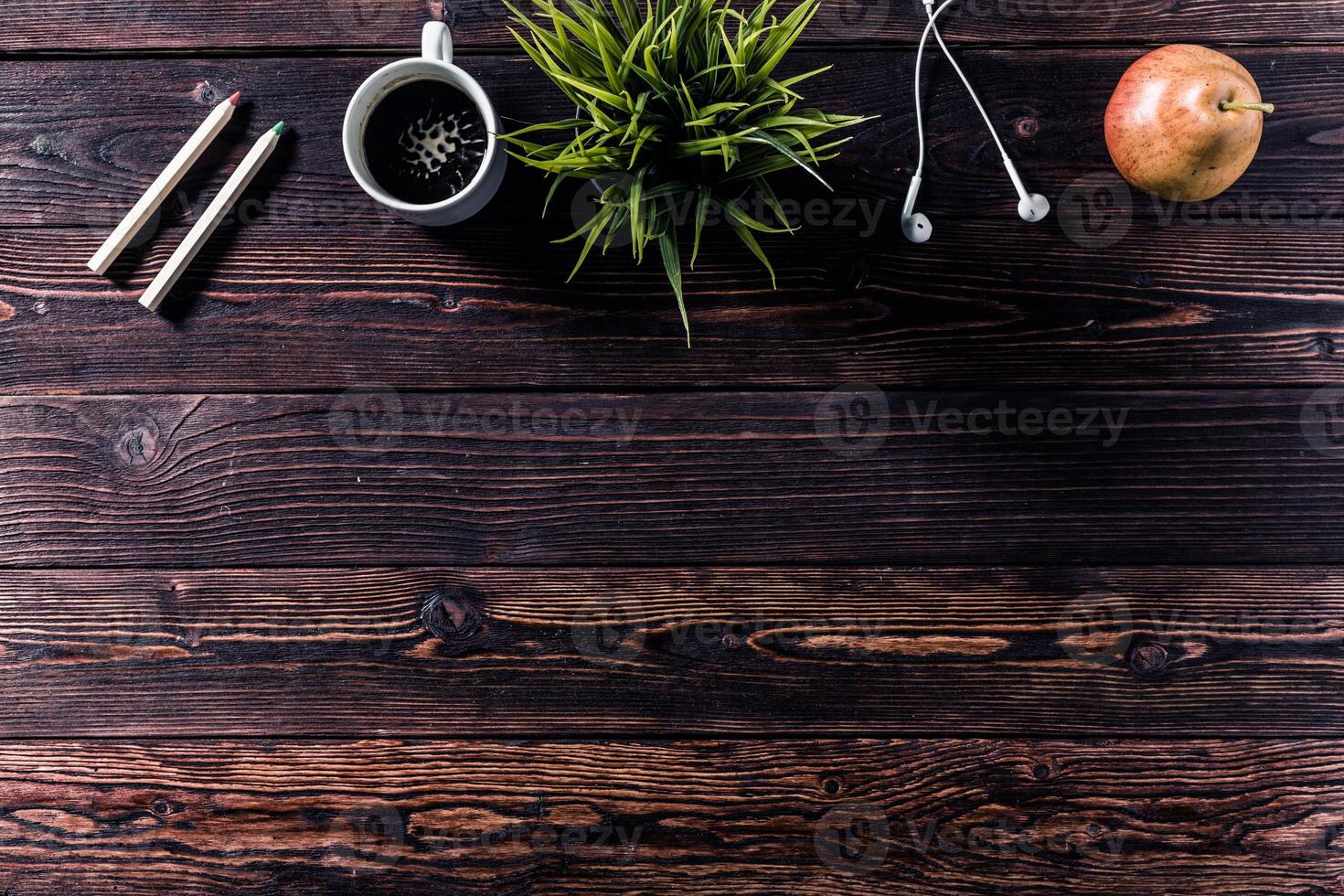 phone and coffee on wood blank space photo