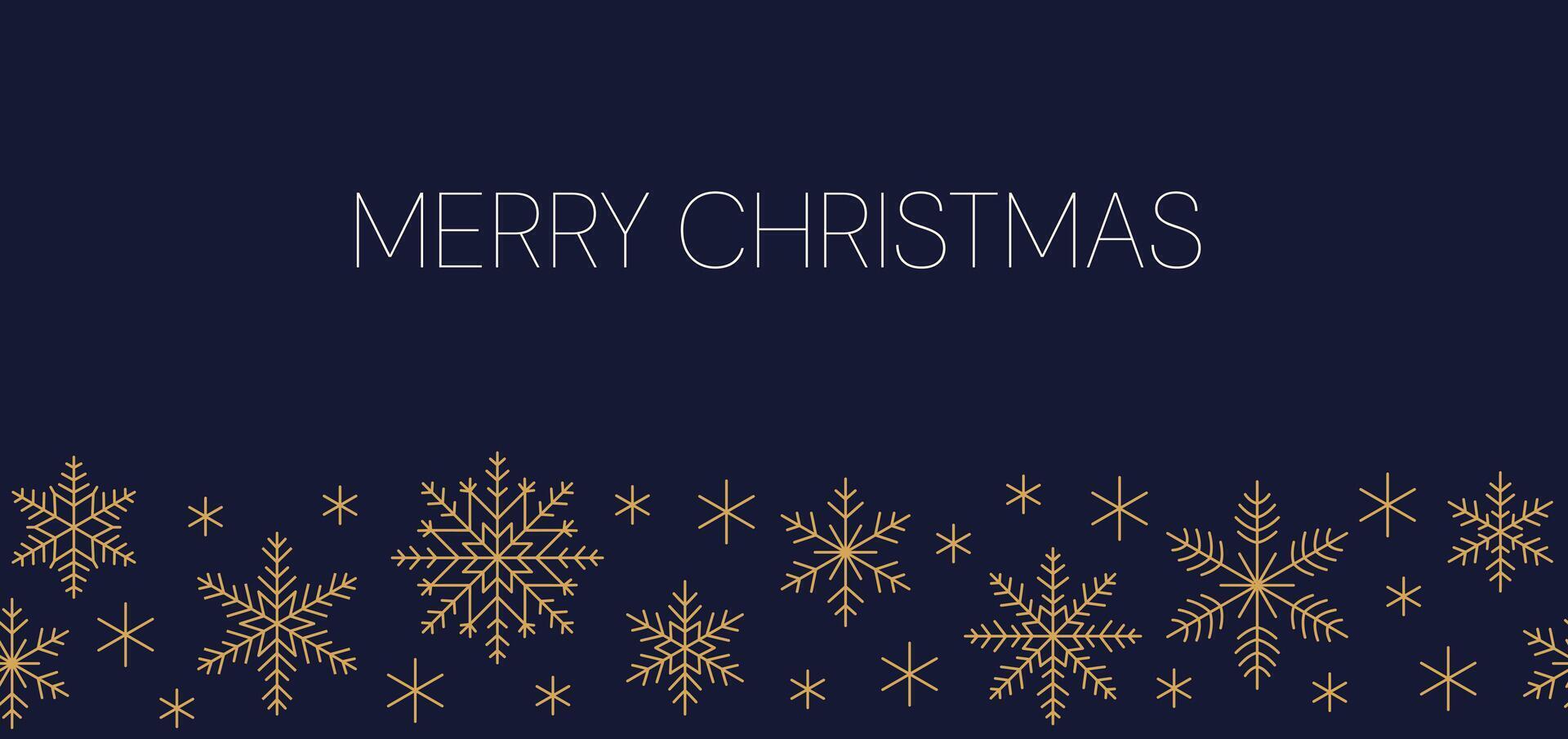 Christmas minimalist flat banner. Golden snowflakes and thin line text on dark blue background. New Year design. vector