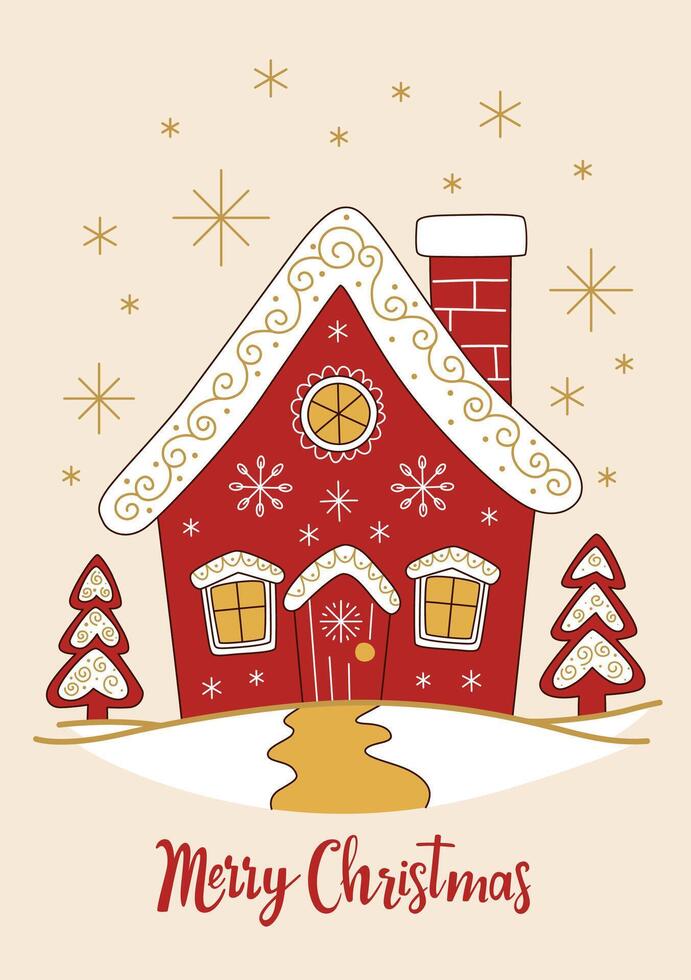 Stylish Christmas card with a gingerbread house with windows, decorated with icing and snowflakes. House on snowy meadow with gingerbread trees. New Year card in minimalist style. Red and gold color. vector