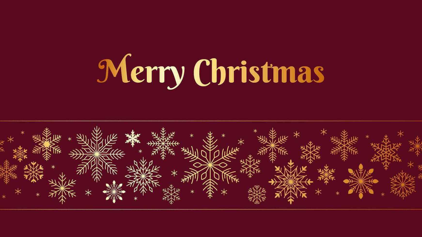 Christmas minimalist banner. Golden inscription Merry Christmas and seamless border of snowflakes on a dark red background. New Year design. vector