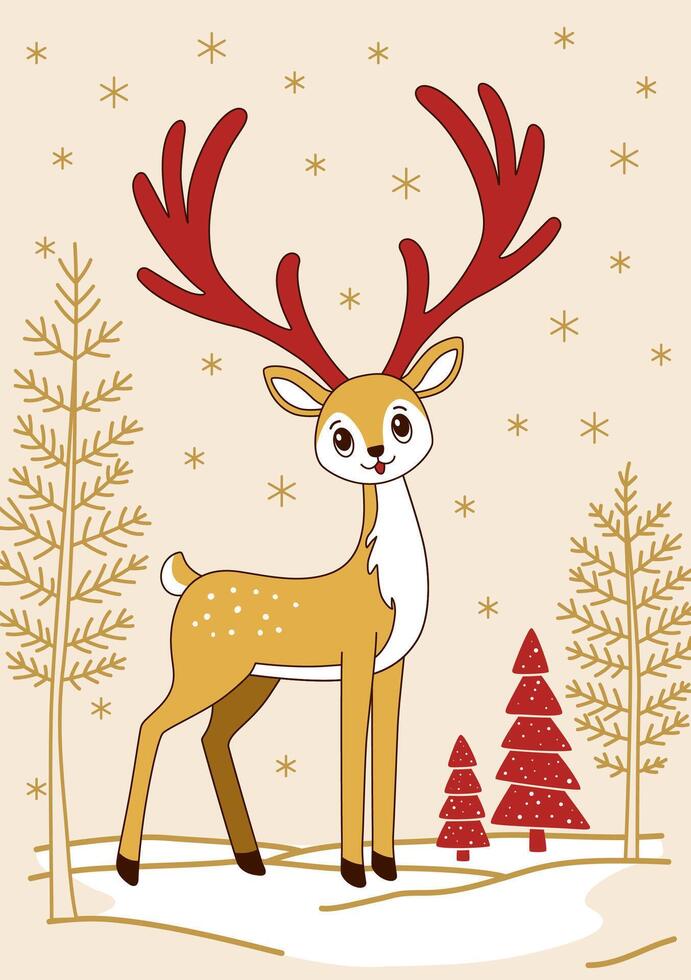 Stylish Christmas card with an elegant Christmas deer on a forest snowy glade with fir trees. New Year card in a minimalist style. Red and gold colors and a milky beige background. vector