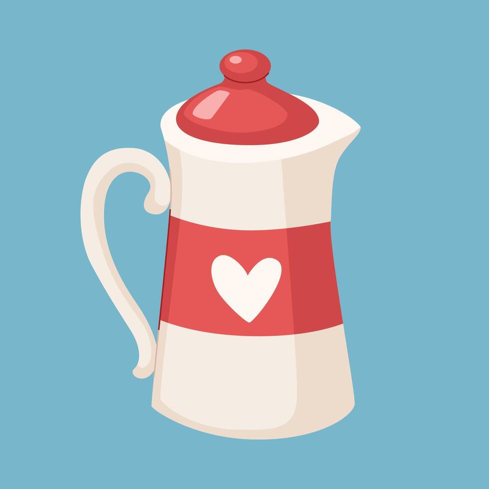 Cute cartoon coffee pot. White coffee pot with red lid and heart. Hot drinkware. vector