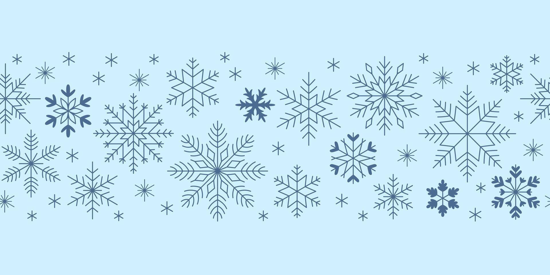 Snowflakes seamless border. Element for Christmas and New Year design. Crystal geometric blue snowflakes. Light blue background. vector