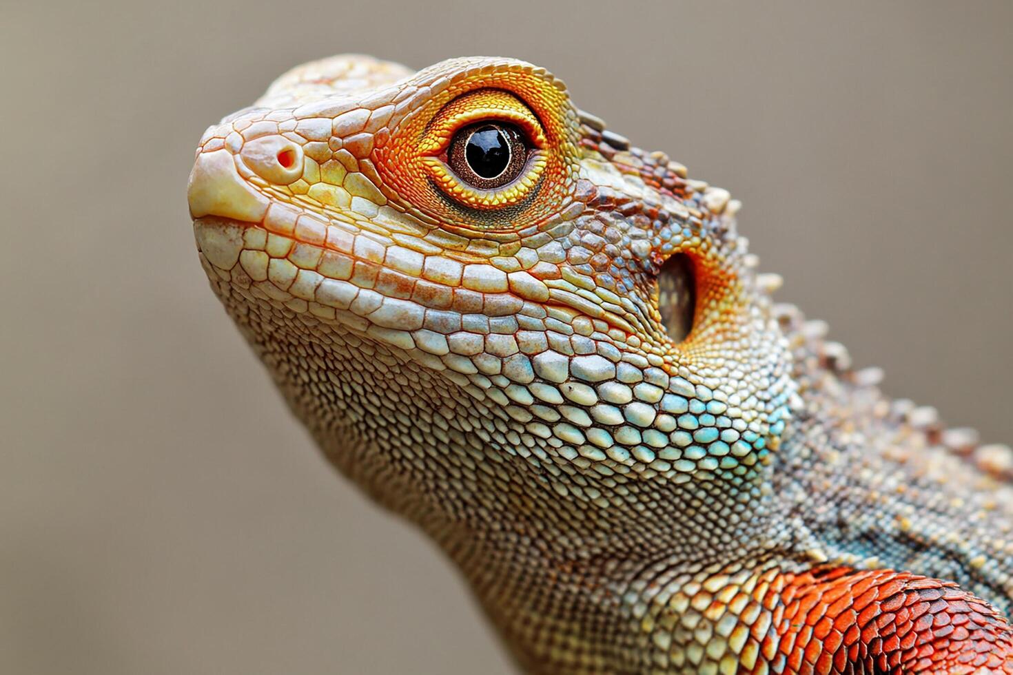 Lizard's skin with detailed scales and colors, close-up, plain background photo
