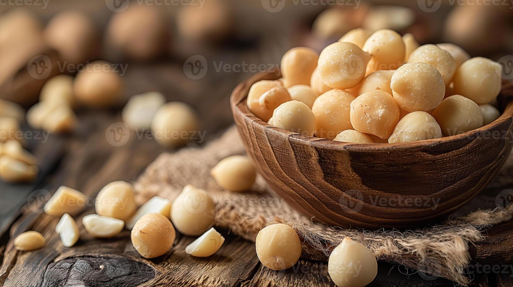 macadamia nuts in wooden bowl photo